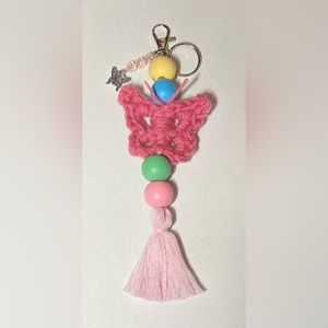 Handmade Keychain Crochet Pink Butterfly And Charm Wood  Beads Tassel Clasp Ring
